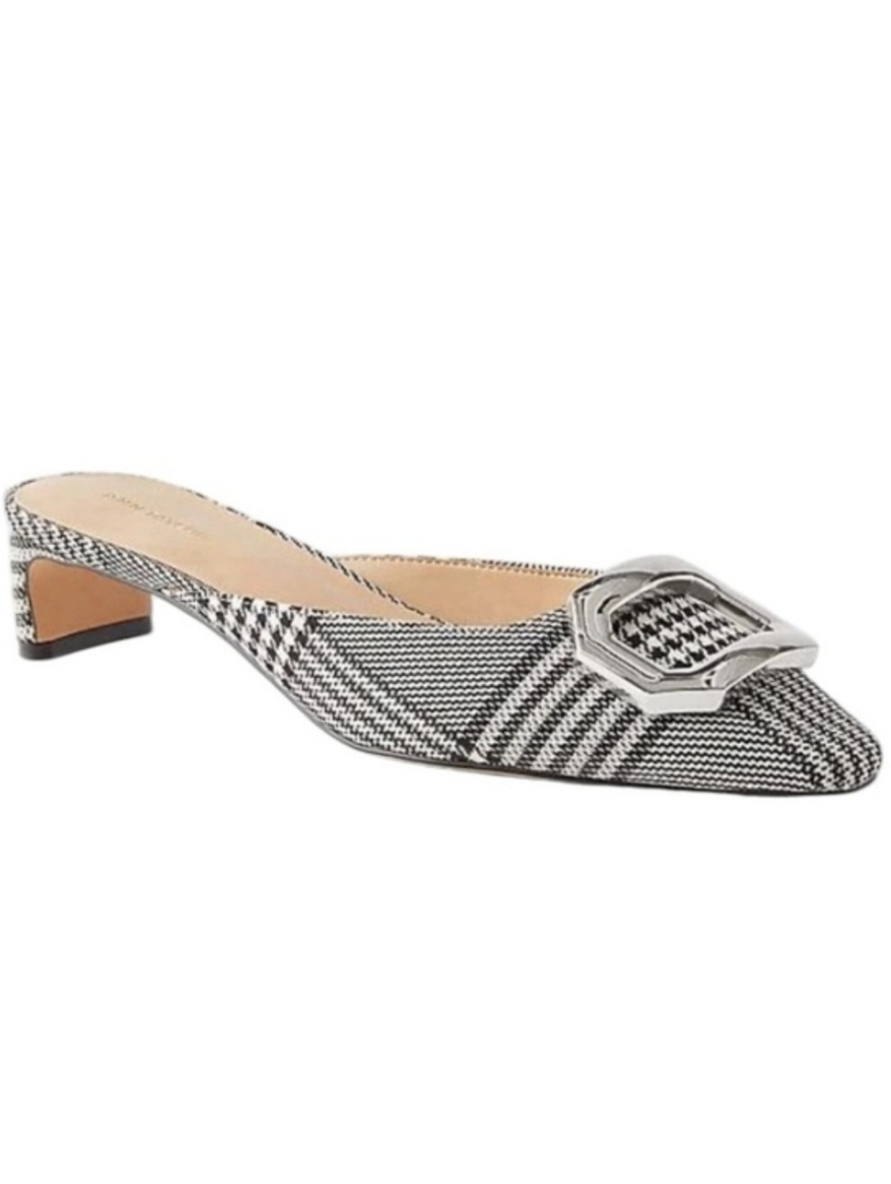 ANN TAYLOR BLACK WHITE PLAID BUCKLE MULE KITTEN PUMPS SZ 6.5